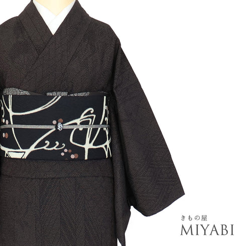 紬 リサイクル 身丈158.8cm 裄64.6cm 単衣 塩沢絣 やまだ織 幾何学模様 草花柄 ブラック Mサイズ お洒落 カジュアル 正絹 広衿 Sランク