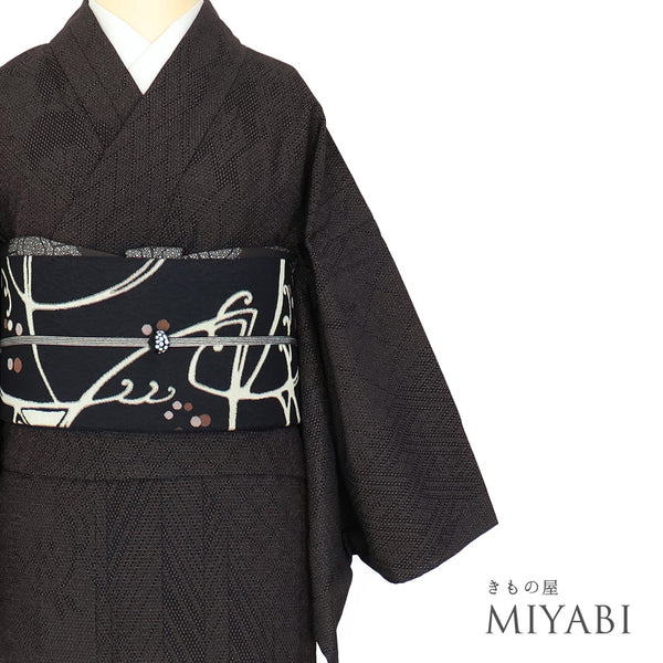 紬 リサイクル 身丈158.8cm 裄64.6cm 単衣 塩沢絣 やまだ織 幾何学模様 草花柄 ブラック Mサイズ お洒落 カジュアル 正絹 広衿 Sランク