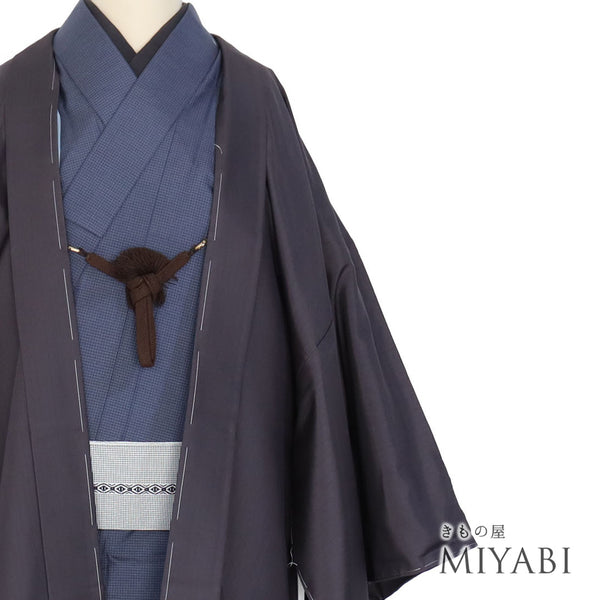 アンサンブル 男物 リサイクル 身丈138cm 裄73.6cm 羽織丈91cm 単衣 縞柄 地紋 後見頃居敷当て付き パープル SSサイズ お洒落 カジュアル しつけ糸 正絹 棒衿 Sランク