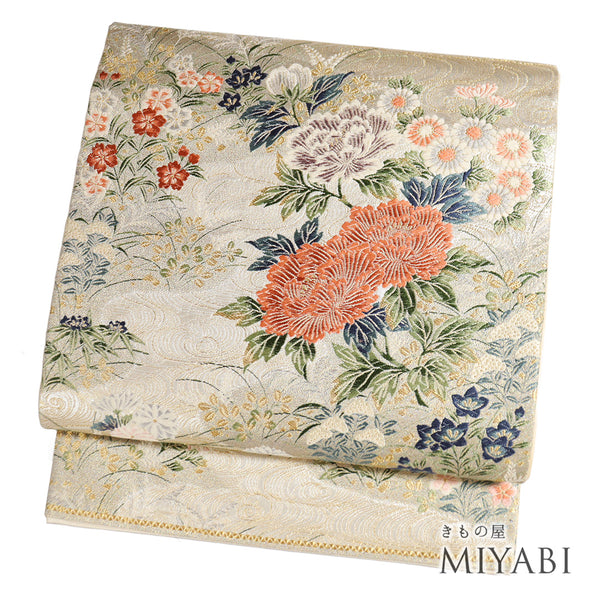 袋帯 リサイクル 帯丈424cm 六通 牡丹柄 桔梗柄 花柄 西陣織1263 ゴールド Sサイズ 正絹 Sランク フォーマル セミフォーマル