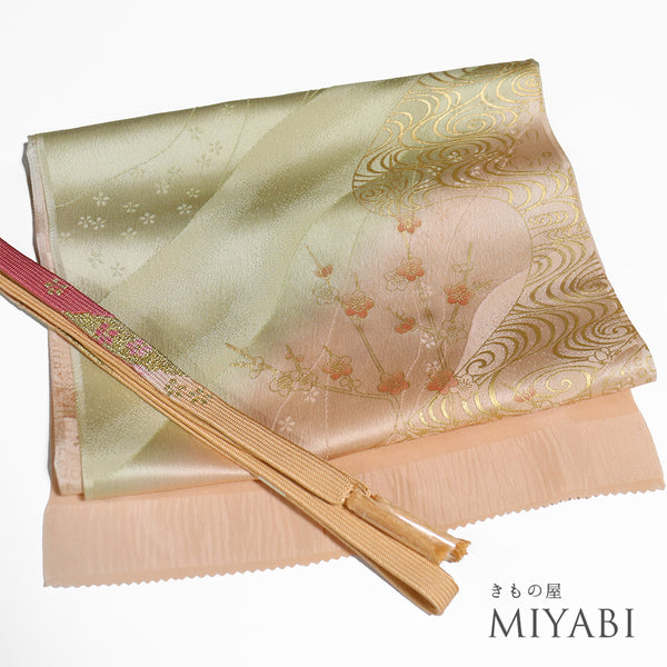 帯締め・帯揚げセット リサイクル お洒落 平組紐 ちりめん 多色 正絹 未使用品 地紋 梅柄 流水柄 ぼかし