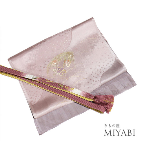 帯締め・帯揚げセット リサイクル セミフォーマル 平組紐 綸子 パープル 正絹 新品・未使用品 扇 花柄