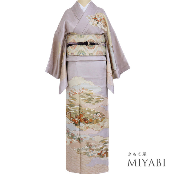 訪問着 リサイクル 身丈164.3cm 裄66.2cm 袷 雪取に松菊柄 箔 金駒刺繍 パープル Lサイズ セミフォーマル フォーマル 落款 しつけ糸 正絹 広衿 Sランク