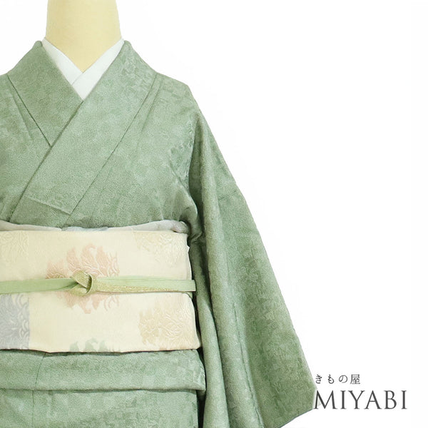 小紋 リサイクル 身丈153cm 裄62.6cm 袷 市松石畳柄 地紋 江戸小紋 グリーン Sサイズ お洒落 正絹 広衿 Sランク