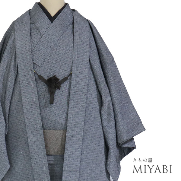 アンサンブル 男物 リサイクル 身丈137cm 裄68.4cm 羽織丈88cm 袷 紬 生つむぎ グレー SSサイズ お洒落 カジュアル 証紙 しつけ糸 正絹 棒衿 Sランク