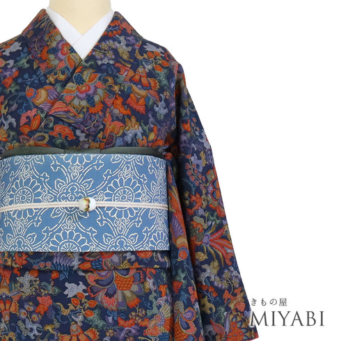小紋 リサイクル 身丈162cm 裄64.3cm 袷 花唐草柄 鳳凰柄 ネイビー Lサイズ カジュアル お洒落 正絹 広衿 Sランク