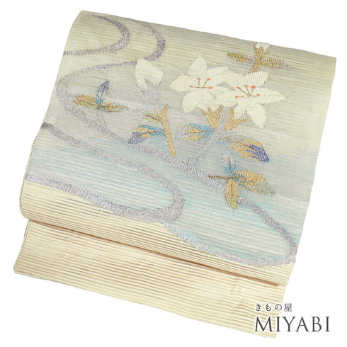 名古屋帯 リサイクル 帯丈389cm ポイント柄 夏用 流水に花柄 アイボリー Lサイズ 正絹 Aランク お洒落