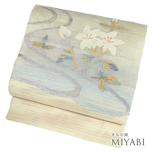 名古屋帯 リサイクル 帯丈389cm ポイント柄 夏用 流水に花柄 アイボリー Lサイズ 正絹 Aランク お洒落