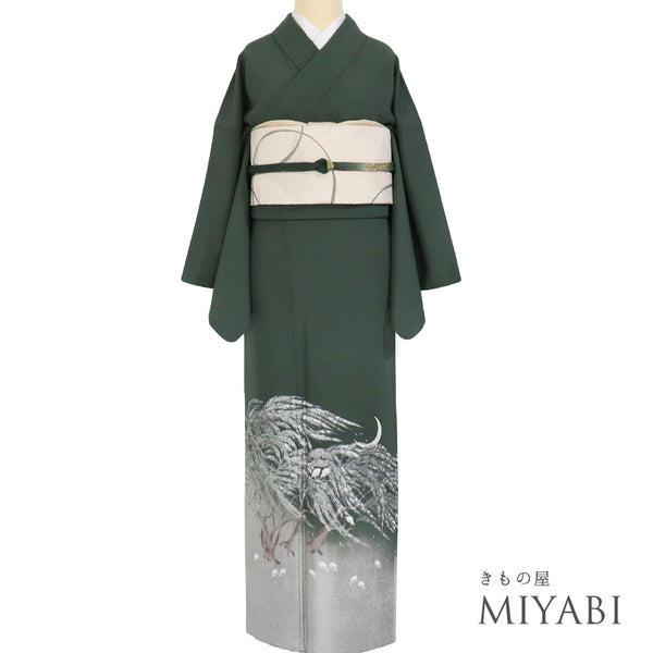 訪問着 リサイクル 身丈160.5cm 裄67.2cm 袷 表縦絽 裏横絽 風月図 松尾光琳作 グリーン Lサイズ セミフォーマル お洒落 一つ紋 正絹 広衿 Aランク