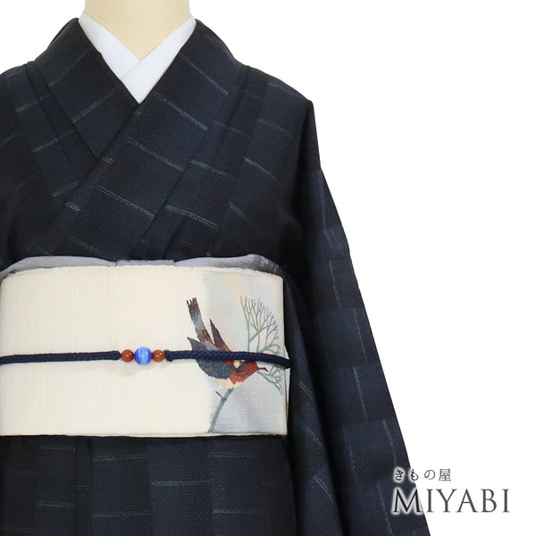 紬 リサイクル 身丈155.3cm 裄66.2cm 袷 幾何学模様 ネイビー Sサイズ お洒落 カジュアル 正絹 広衿 Aランク