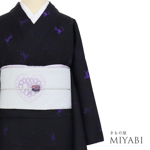 小紋 リサイクル 身丈163.5cm 裄66cm 単衣 猫柄 ゆったりサイズ ブラック Lサイズ お洒落 カジュアル 混合 洗える着物 広衿 Sランク