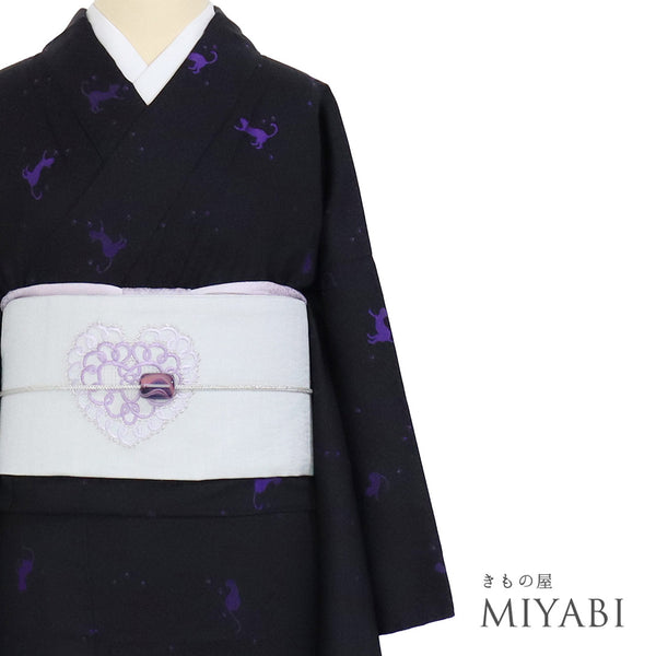 小紋 リサイクル 身丈163.5cm 裄66cm 単衣 猫柄 ゆったりサイズ ブラック Lサイズ お洒落 カジュアル 混合 洗える着物 広衿 Sランク