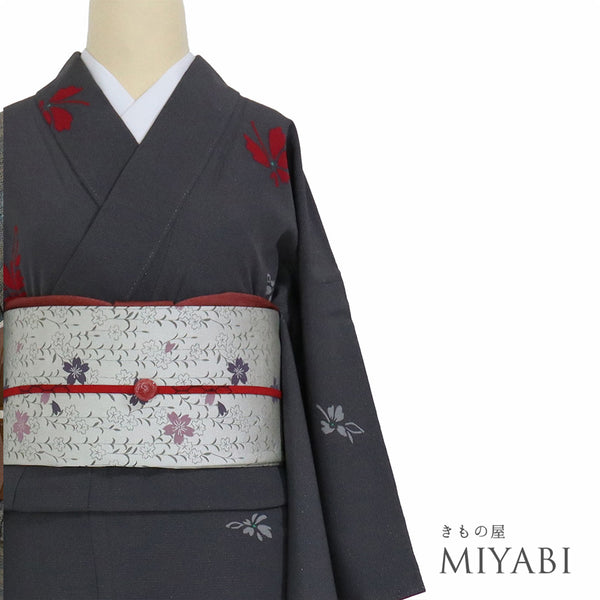 小紋 リサイクル 身丈161cm 裄65.6cm 袷 花柄 パールトーン加工 グレー Lサイズ カジュアル お洒落 しつけ糸 正絹 バチ衿 Sランク