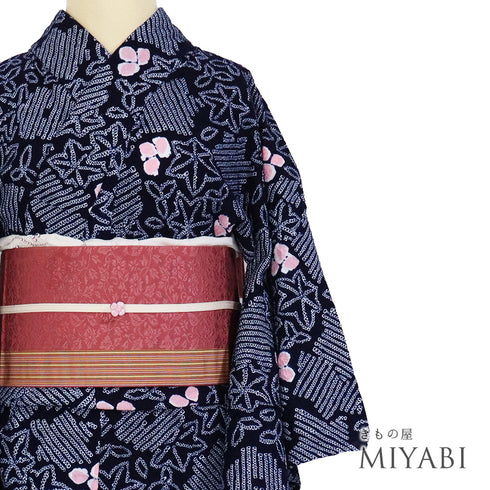 浴衣 リサイクル 夏着物 身丈145cm 裄60.8cm 夏物 ジュニアサイズ 絞り 紅葉模様 ネイビー SSサイズ カジュアル 木綿 洗える着物 バチ衿 Sランク