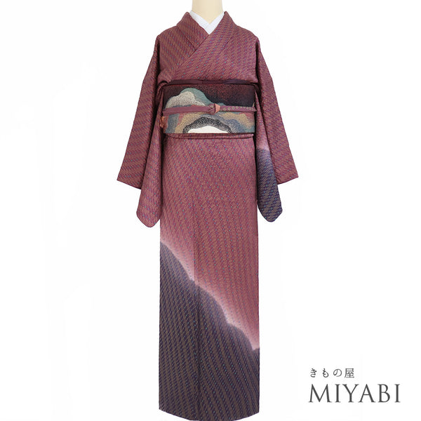 訪問着 リサイクル 身丈161.7cm 裄66.6cm 袷 斜目曲線柄 疋田絞り 裾ぼかし パープル Lサイズ お洒落 正絹 広衿 Sランク