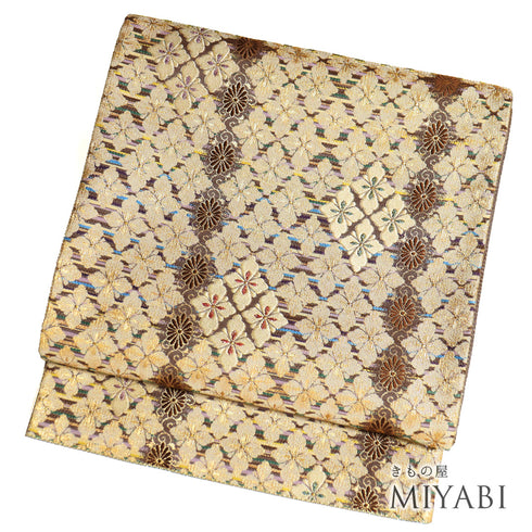 袋帯 リサイクル 帯丈438cm 六通 花菱に菊柄 ゴールド Mサイズ 正絹 新品・未使用品 フォーマル セミフォーマル
