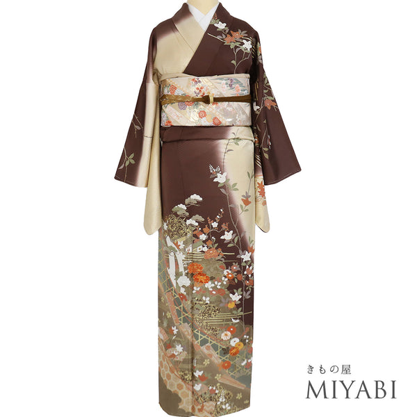 訪問着 リサイクル 身丈163.7cm 裄67.8cm 袷 雲取り 風景柄 扇子 草花柄 金駒刺繍 ブラウン Lサイズ セミフォーマル 正絹 広衿 Sランク