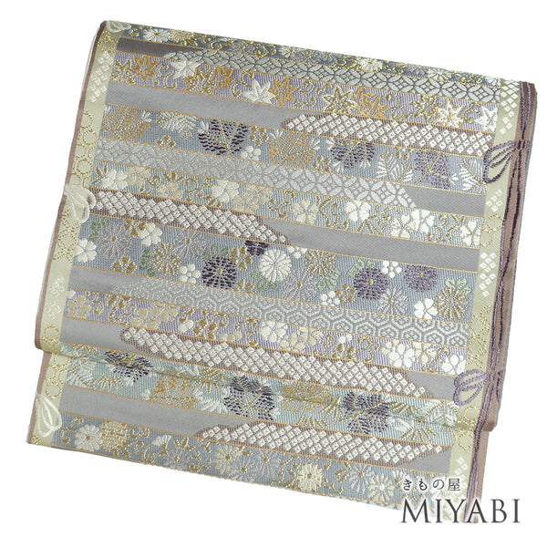 袋帯 リサイクル 帯丈446cm 六通 ボーダー柄 草花柄 パープル Mサイズ 正絹 Sランク フォーマル お洒落