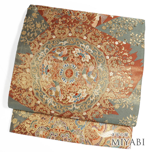 袋帯 リサイクル 帯丈432cm 六通 華紋に鳥柄 多色 Sサイズ 正絹 新品・未使用品 フォーマル セミフォーマル