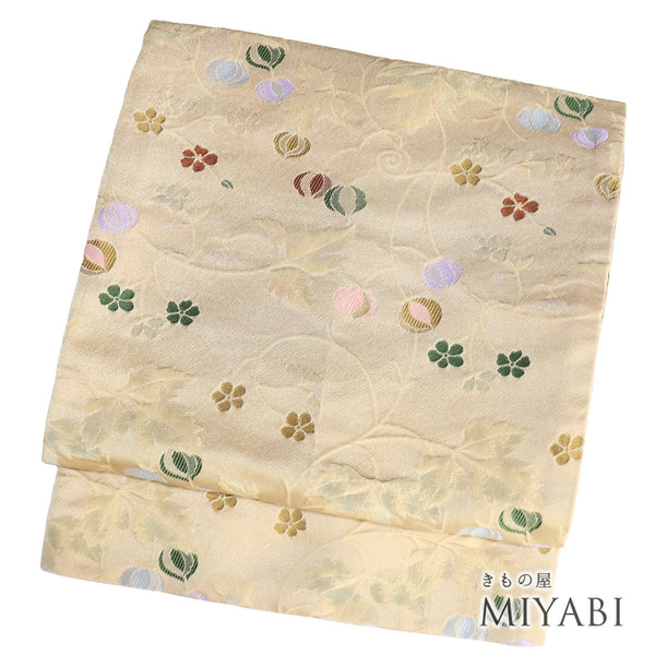 京袋帯 リサイクル 帯丈380cm 全通 小花に植物柄 ベージュ Lサイズ ポリエステル Sランク お洒落 カジュアル