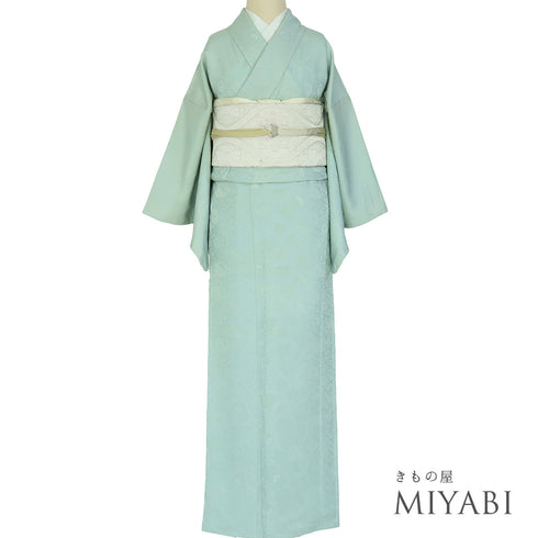 訪問着 リサイクル 身丈158.7cm 裄64cm 袷 無地 花柄地紋 絵羽 平和屋 光琳 グリーン Mサイズ セミフォーマル お洒落 一つ紋 正絹 広衿 Sランク