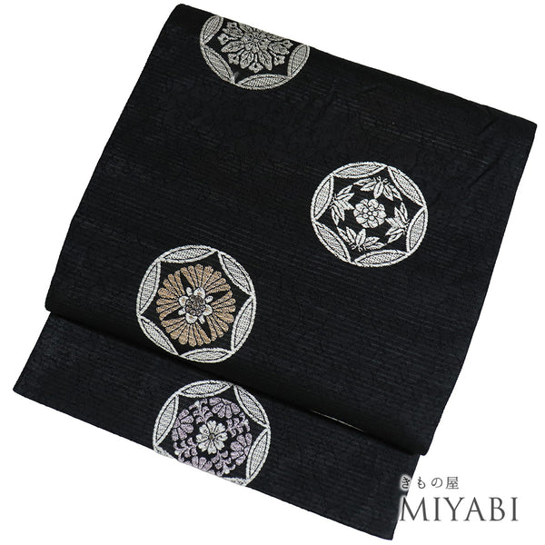 袋帯 リサイクル 帯丈444cm 六通 有職文様 夏物 ブラック Mサイズ 正絹 Sランク お洒落