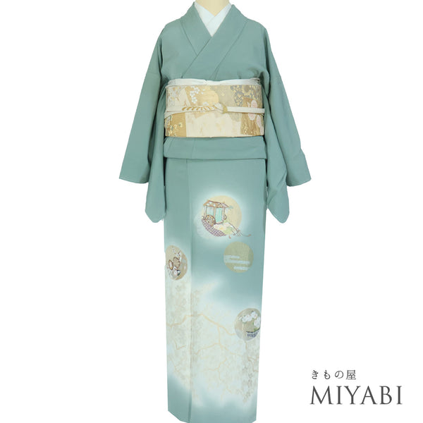 色留袖 リサイクル 身丈165.6cm 裄64.8cm 袷 金通し風に刺繍柄 パールトーン加工 比翼無し ブルー LLサイズ セミフォーマル 一つ紋 正絹 広衿 Sランク