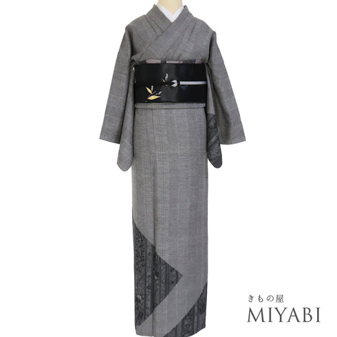 訪問着 リサイクル 身丈167.2cm 裄68cm 袷 デザイン竹縞柄 地紋 お洒落八掛 ゆったりサイズ グレー LLサイズ お洒落 正絹 広衿 Sランク