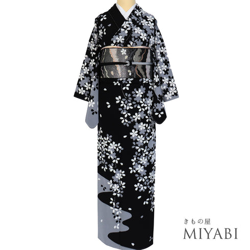 訪問着 リサイクル 身丈152.8cm 裄62.8cm 袷 桜柄 ブラック Sサイズ セミフォーマル お洒落 落款 しつけ糸 正絹 広衿 Sランク