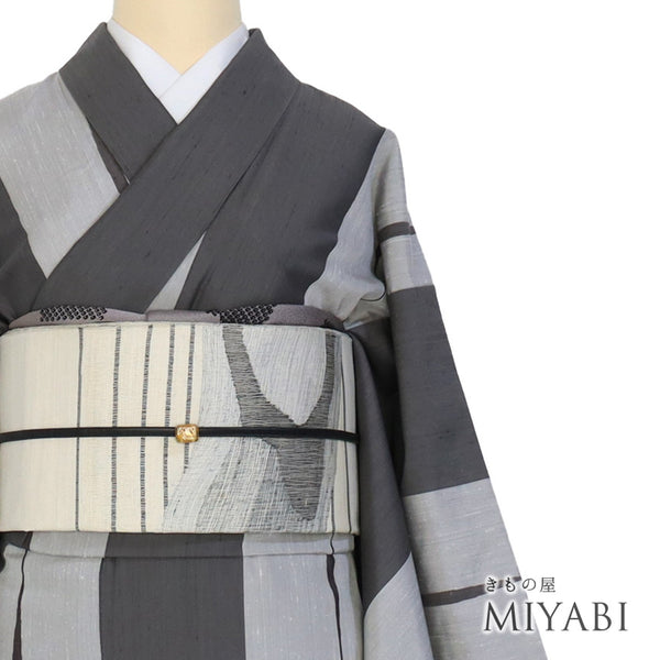 紬 リサイクル 身丈157.3cm 裄64cm 袷 伝統的工芸品 凛 染め分け柄 グレー Mサイズ お洒落 カジュアル 正絹 広衿 Aランク