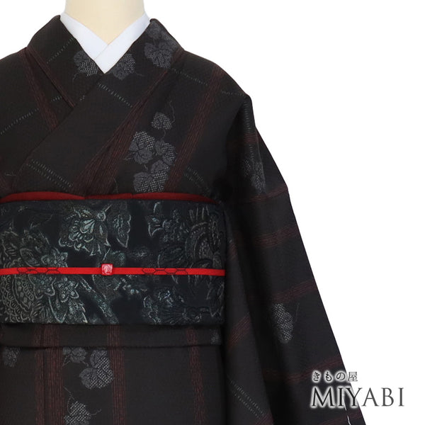 小紋 リサイクル 身丈162.5cm 裄66.6cm 袷 格子に蔦柄 地紋 ブラック Lサイズ お洒落 カジュアル ポリエステル 洗える着物 広衿 新品・未使用品