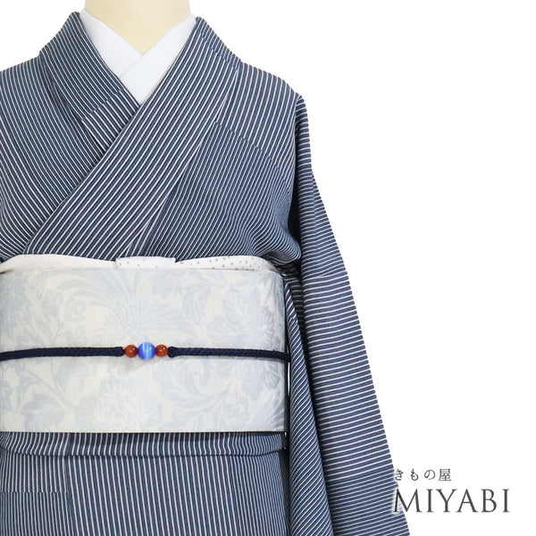 小紋 リサイクル 身丈160.5cm 裄66.8cm 袷 デザイン縞柄 ブルー Lサイズ お洒落 カジュアル 正絹 広衿 Sランク