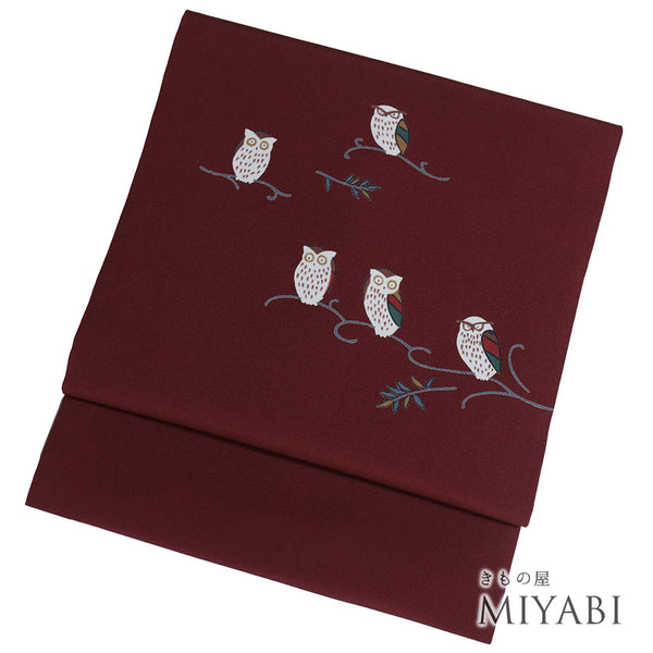 名古屋帯 リサイクル 帯丈353cm ポイント柄 梟柄 レッド Sサイズ 正絹 新品・未使用品 お洒落