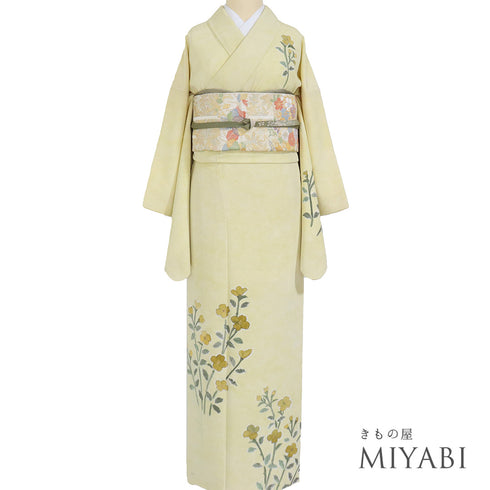 訪問着 リサイクル 身丈164.5cm 裄66.4cm 袷 花柄 箔 イエロー Lサイズ セミフォーマル 正絹 広衿 Aランク