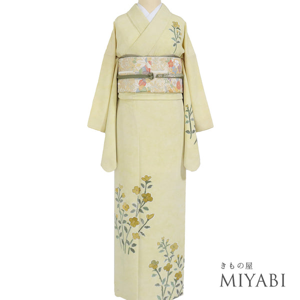 訪問着 リサイクル 身丈164.5cm 裄66.4cm 袷 花柄 箔 イエロー Lサイズ セミフォーマル 正絹 広衿 Aランク