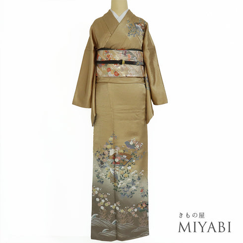 訪問着 リサイクル 身丈167.3cm 裄68.2cm 袷 地紋 金彩秋草模様 刺繍 ブラウン LLサイズ セミフォーマル 正絹 広衿 Sランク