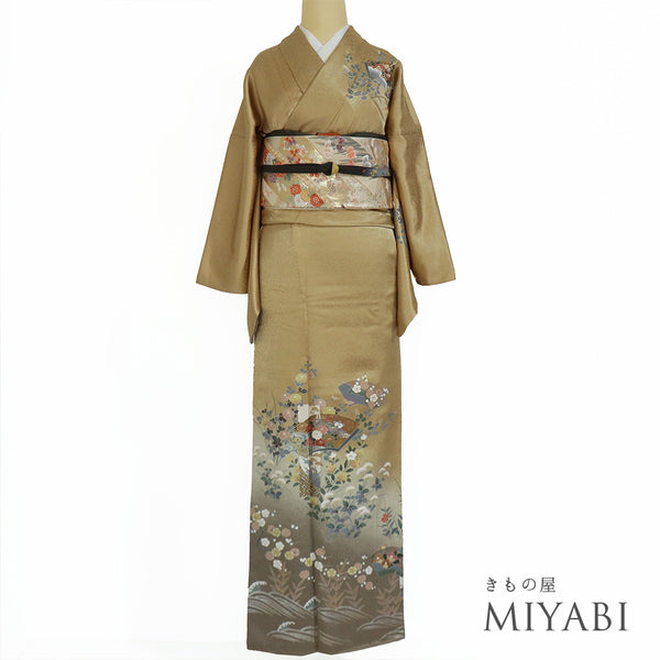 訪問着 リサイクル 身丈167.3cm 裄68.2cm 袷 地紋 金彩秋草模様 刺繍 ブラウン LLサイズ セミフォーマル 正絹 広衿 Sランク