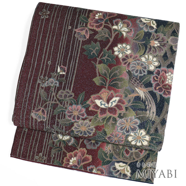 袋帯 リサイクル 帯丈438cm 全通 花柄 ラメ加工 レッド Mサイズ 正絹 Sランク セミフォーマル お洒落