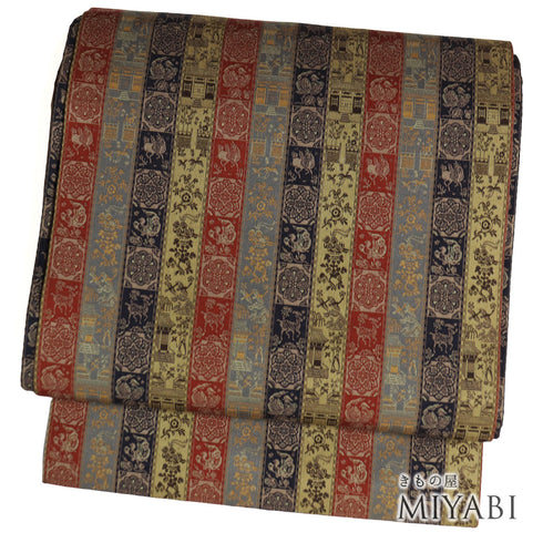 名古屋帯 リサイクル 帯丈337.5cm 全通 変わりボーダー柄 ブラウン SSサイズ 正絹 Sランク お洒落 カジュアル (コピー)