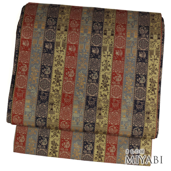 名古屋帯 リサイクル 帯丈337.5cm 全通 変わりボーダー柄 ブラウン SSサイズ 正絹 Sランク お洒落 カジュアル (コピー)