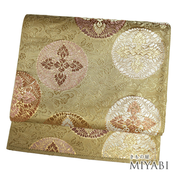 袋帯 リサイクル 帯丈430cm 六通 花菱 藤の花 地紋 ゴールド Sサイズ 正絹 Sランク フォーマル セミフォーマル