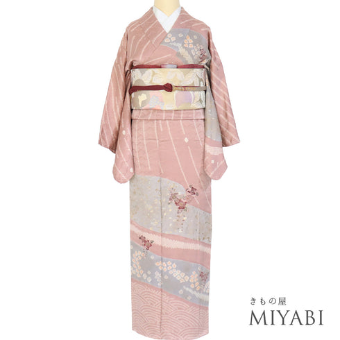 訪問着 リサイクル 身丈163.5cm 裄65cm 袷 絞り 汕頭風柄 辻ヶ花風柄 地紋 箔 ピンク Lサイズ お洒落 正絹 広衿 Aランク