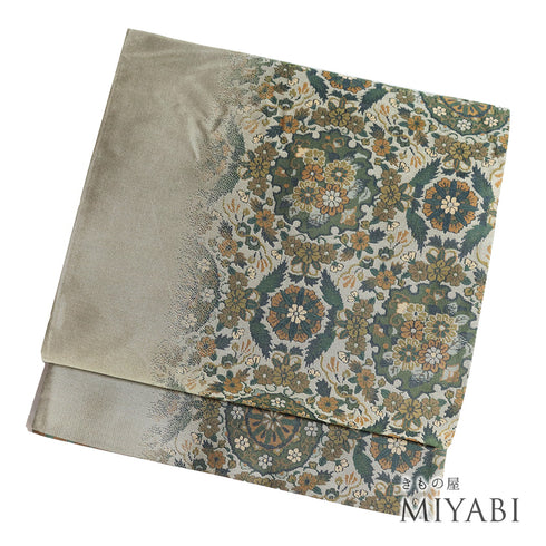 袋帯 リサイクル 帯丈440cm 全通 リバーシブル 鱗柄 華文 むらさき乃 グリーン Mサイズ 正絹 Aランク お洒落