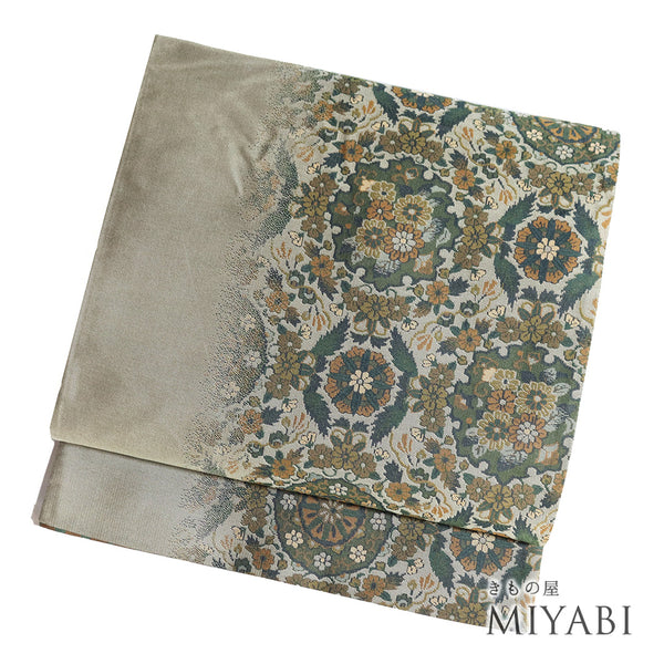 袋帯 リサイクル 帯丈440cm 全通 リバーシブル 鱗柄 華文 むらさき乃 グリーン Mサイズ 正絹 Aランク お洒落