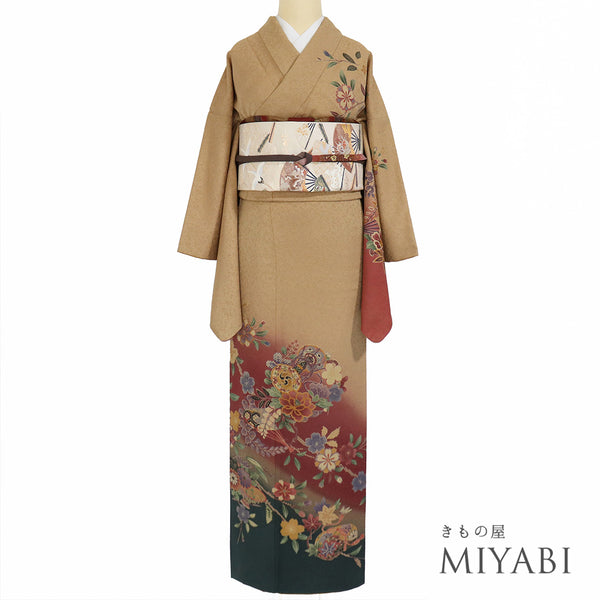 訪問着 リサイクル 身丈161.7cm 裄66.4cm 袷 鼓や扇子や花柄 ブラウン Lサイズ お洒落 セミフォーマル 正絹 広衿 Aランク