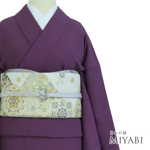 色無地 リサイクル 身丈161.2cm 裄65cm 袷 パープル Lサイズ セミフォーマル お洒落 一つ紋 ポリエステル 洗える着物 バチ衿 地紋なし Sランク