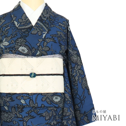 小紋 リサイクル 身丈152.3cm 裄64cm 袷 菊に地紙柄 ブルー Sサイズ お洒落 正絹 広衿 Sランク