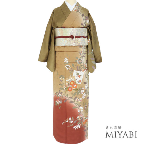 訪問着 リサイクル 身丈160.3cm 裄66.8cm 袷 色紙に花柄 ブラウン Mサイズ セミフォーマル お洒落 正絹 広衿 Sランク