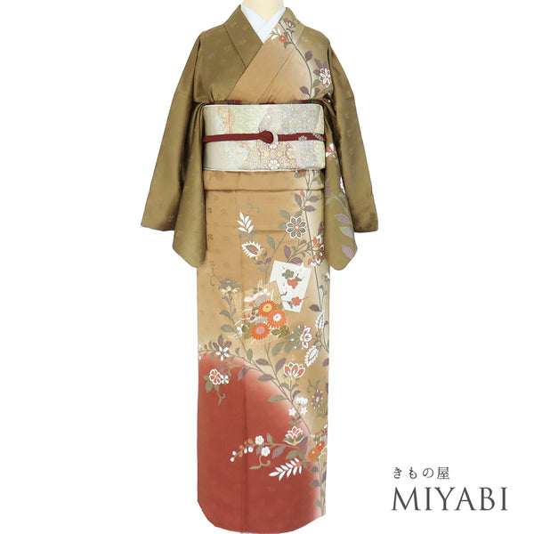 訪問着 リサイクル 身丈160.3cm 裄66.8cm 袷 色紙に花柄 ブラウン Mサイズ セミフォーマル お洒落 正絹 広衿 Sランク