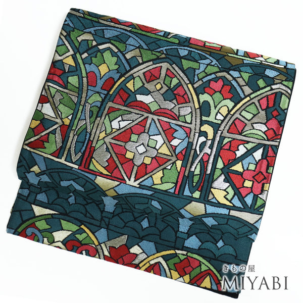 袋帯 リサイクル 帯丈414cm 六通 ステンドグラス柄 多色 SSサイズ 正絹 Sランク お洒落